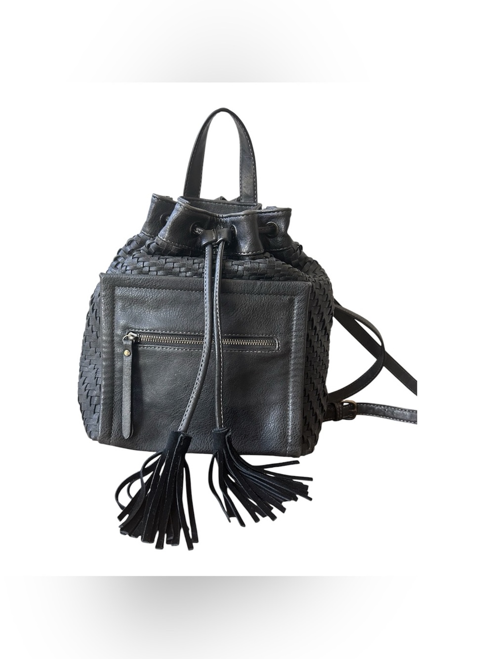 Moda Luxe Black Leather Woven Backpack With Drawstring and Tassles